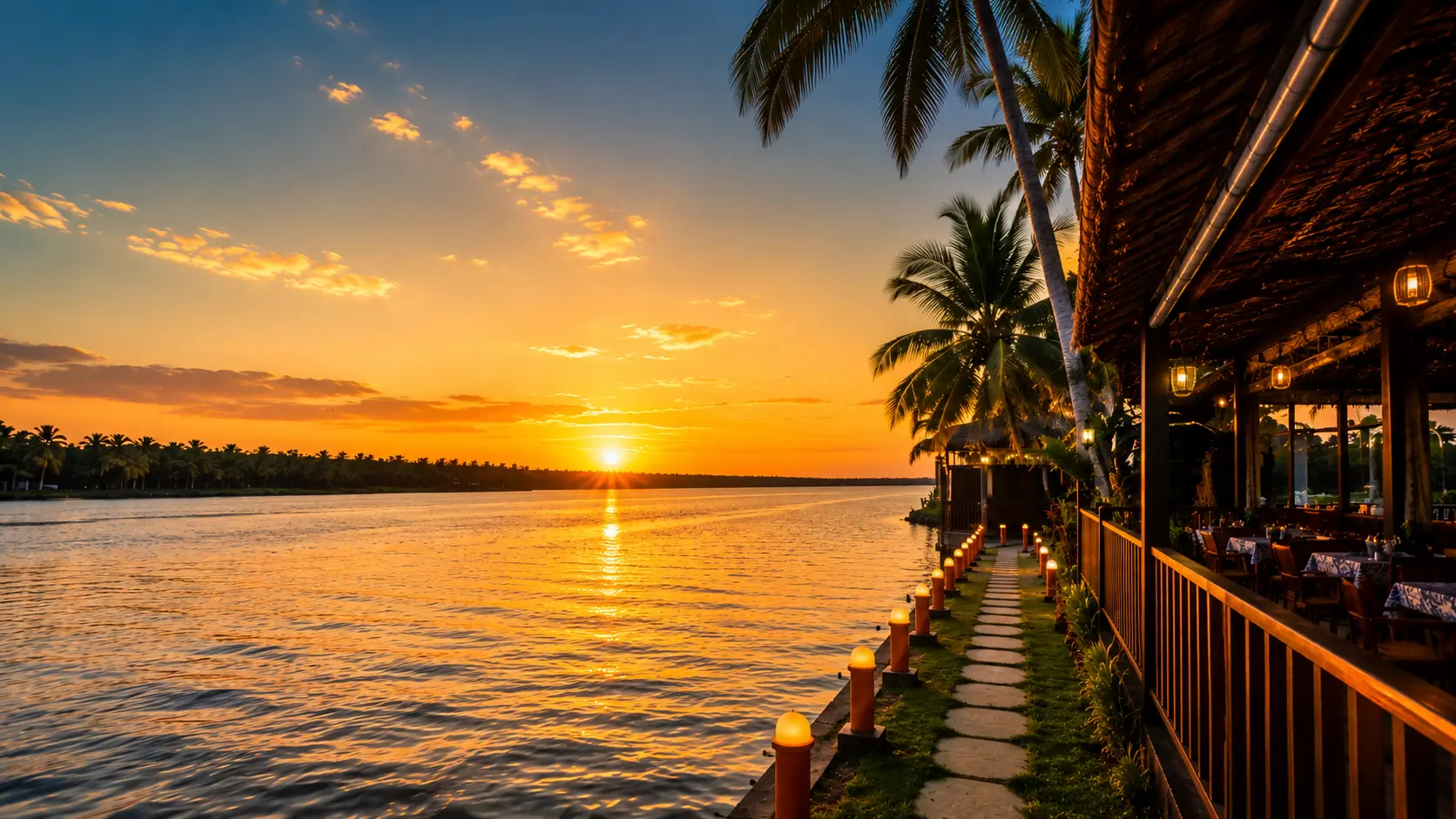 Speedboat approaching the Vistara jetty at sunset